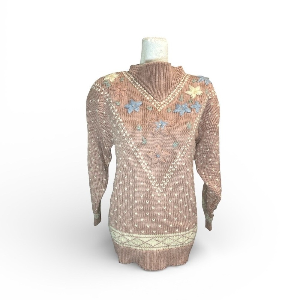 Melbourne Elements Hand Knit Pink Floral Mock Neck Sweater Women's Size‎ M